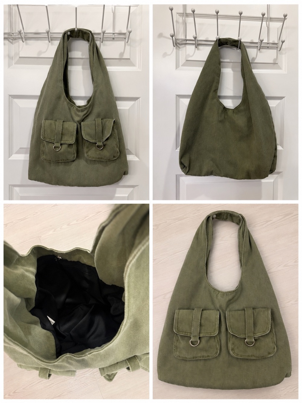 Olive Green Canvas Hobo Bag with Front Pocket Flaps